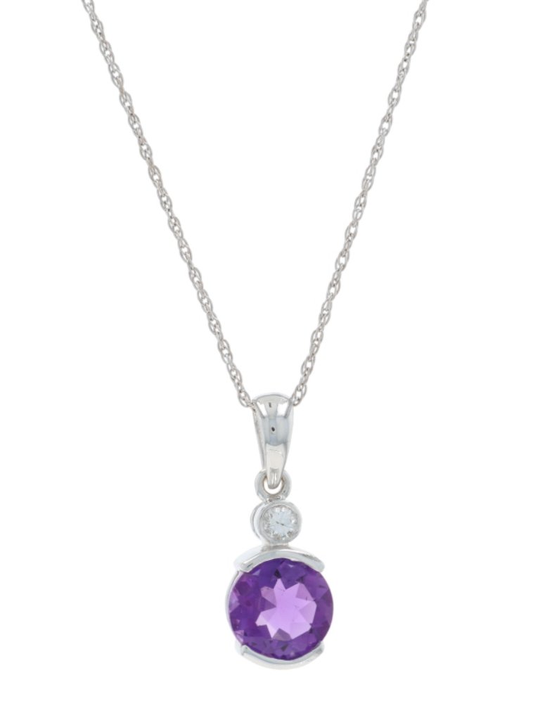 White Gold Amethyst Diamond Pendant Necklace - 10k Round .97ctw